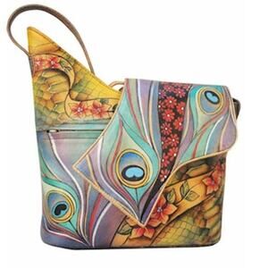 Anuschka Hand-Painted Leather Crossbody Bag – Peacock Feather & Floral